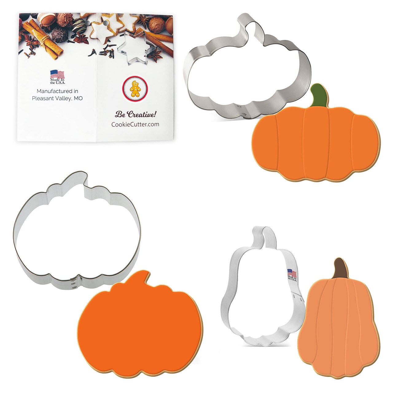 Pumpkin Cookie Cutter 3 Pc Set, CookieCutter.com, Tin Plated Steel, Handmade in the USA